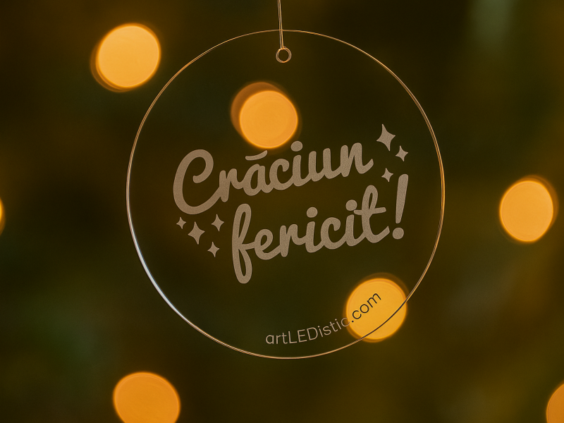 Glob din plexiglas gravat „Crăciun fericit!” – decor elegant pentru bradul de Crăciun